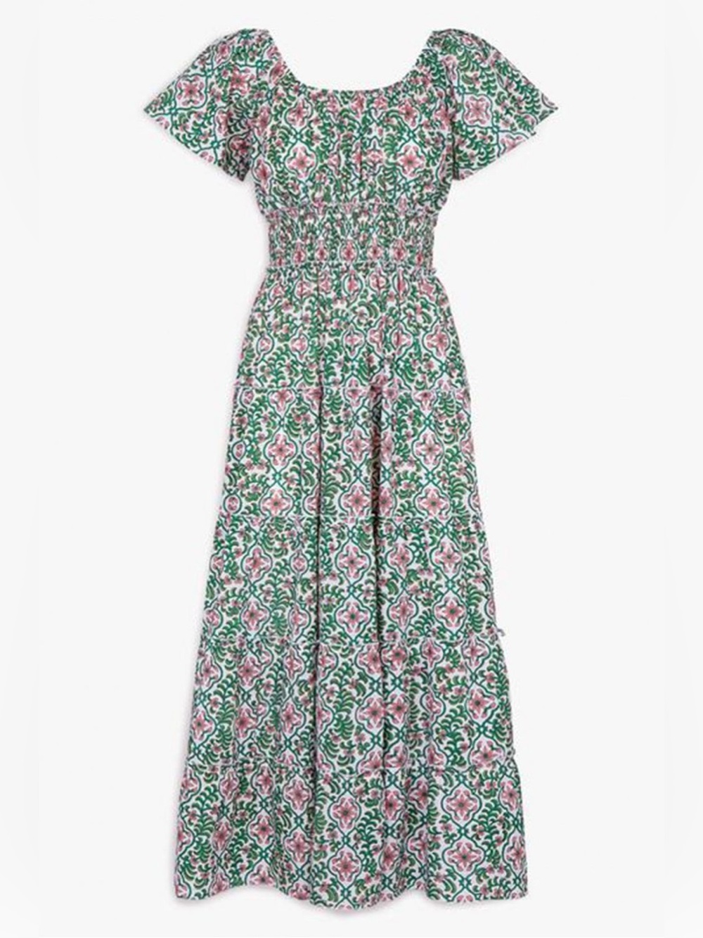 Pink City Prints Smocked Waist Floral Maxi Dress in Green and Pink + bag!